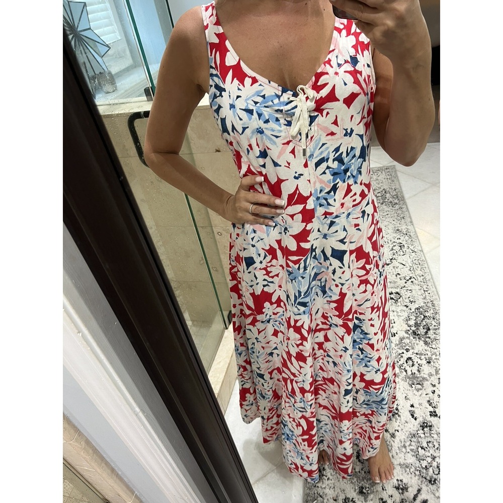 Chaps Ralph Lauren Patriotic Floral Lace Up Sleeveless Maxi Dress Red Blue L